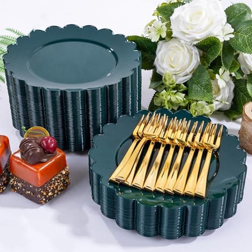 LIYH 200 Pcs Dark Green Dessert Plates - Disposable Cake Plates with Gold Forks, Gold Dessert Forks 5", Plastic Cake Plate 7.5" for Holiday Party - Thumbnail 3