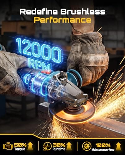 SEESII Flathead Brushless Angle Grinder, 5.0Ah Battery and Fast Charger, Drop Protection, 21V 6 Variable Speed Cordless Grinder Kit 4-1/2 to 5" Cut Off Tool for Metal Cutting, Auto Body, DIY - Thumbnail 4