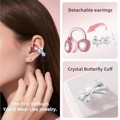 Kinglucky Jewelry-Inspired Clip-On Earbuds with Bow Earrings, Comfortable Fit & 50H Playtime Open Ear Bluetooth 5.4 Wireless Headphones for Women, Small Ears, Sports & Workouts (Pink) - Thumbnail 2