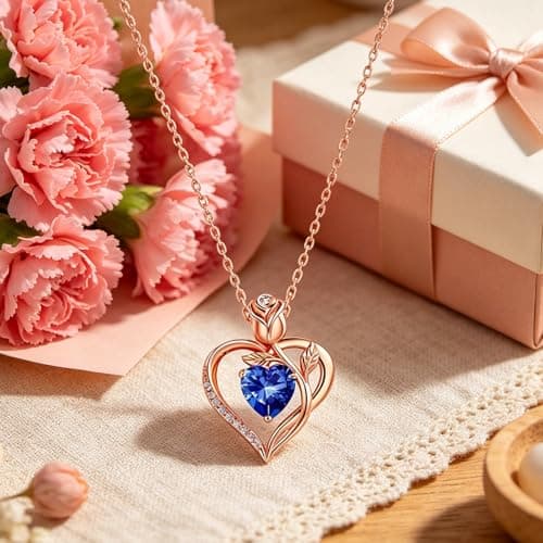 JACUPO Heart Birthstone Rose Gold Necklace for Women(Rose Gold-09-Sapphire) - Thumbnail 4