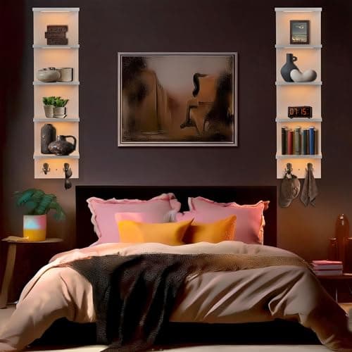 Sorbus LED Light Display Shelf - Vertical 5 Tier Wall Shelf Unit with 2 Hooks, Column Utility Shelving for Home Decor, Wall-Mounted Floating Shelves for Bathroom, Bedroom, Vanity, Figurine Display - Thumbnail 6