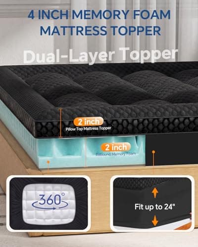 BEDELITE Dorm Room Essentials, Dual Layer 4 Inch Twin XL Memory Foam Mattress Topper for College Students Back to School, 2 Inch Pillow Top Mattress Pad and 2 Inch Cooling Gel Foam (Black) - Thumbnail 5
