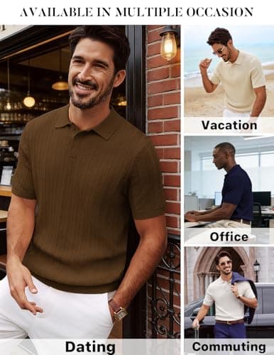 PJ PAUL JONES Mens Short Sleeve Knit Polo Shirts Casual Textured Polo Golf Shirts Summer Beach Shirt Brown S - Thumbnail 3