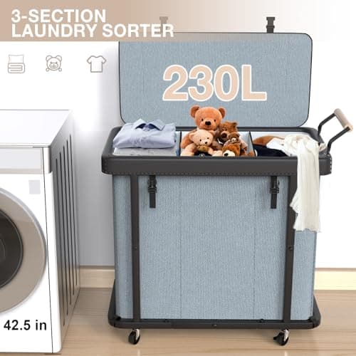 60 Gal (230L) Laundry Hamper 3 Section with Lid, Leather Patchwork Laundry Sorter with Rolling Lockable Wheels and Handle, Laundry Basket Organizer for Laundry Room, Bedroom and Bathroom - Gray - Thumbnail 3