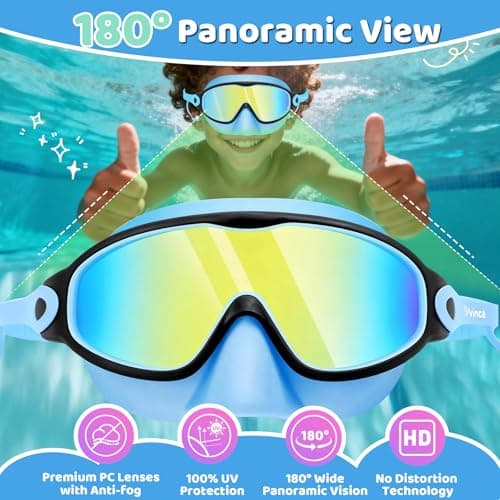Vvinca Kids Swim Goggles 2 Pack with Nose Cover and Attached Earplugs, Wide View Anti-Fog/UV Swimming Goggles for Age 3-12 Boys Girls, No Leak Pool Water Clear Swimming Goggle for Youth Toddler - Thumbnail 4