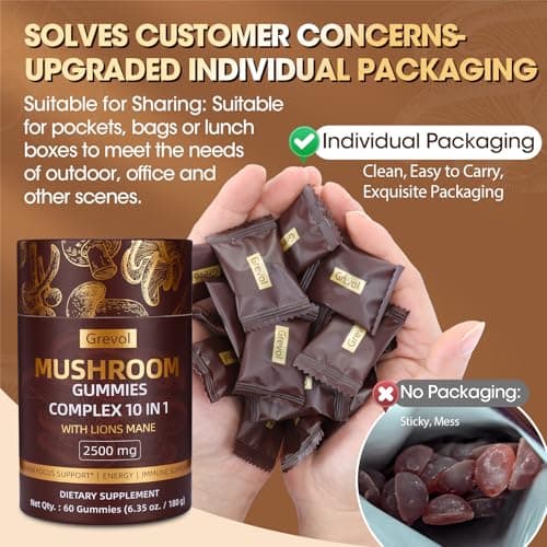 Grevol Mushroom Gummies with Lion's Mane - Reishi, Chaga, Cordyceps - Individually Wrapped - Mushroom Complex Supplement for Adult - 60 Counts - Thumbnail 4