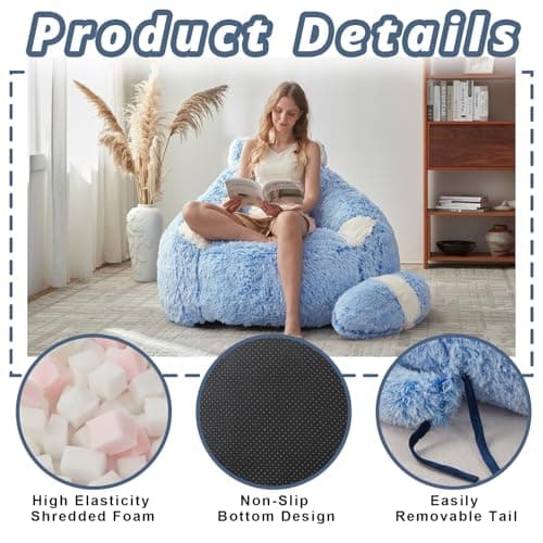 EBENCHICO Giant Bean Bag Chair for Adults Teens, Raccoon Shaped Faux Fur Bean Bag Sofa with Filler, Plush Beanbag Couch with Tail Pillow for Gaming, Reading, Bedroom, Dorm - Thumbnail 5