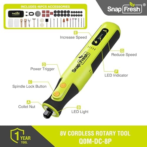 SnapFresh Cordless Rotary Tool Kit, 8V 5-Speed Variable Electric Multi-Tool, 28,000 RPM, Lightweight USB-C Rechargeable Mini Power Tool w/LED Light, 46 Accessories for DIY Engraving & Polishing - Thumbnail 6