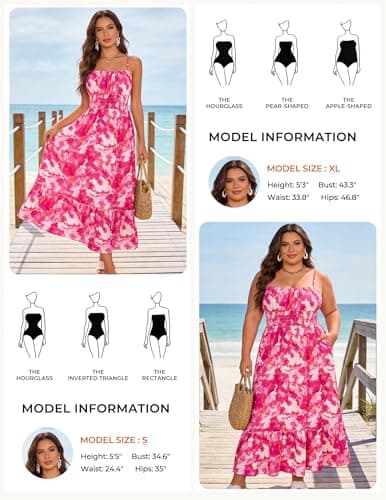 Spaghetti Strap Dresses for Women Casual Sleeveless Dress Smocked Tiered Floral Cami Dress Rose Red Floral 2XL - Thumbnail 6