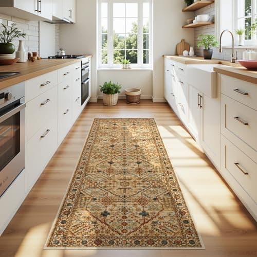 Joydeco Runner Rug 2x5 Non Slip Machine Washable Vintage Hallway Carpet Runner, Low Pile Lightweight Chenille Print Rugs for Entryway, Hallway, Bedroom, Kitchen and Corridor, Tan - Thumbnail 3