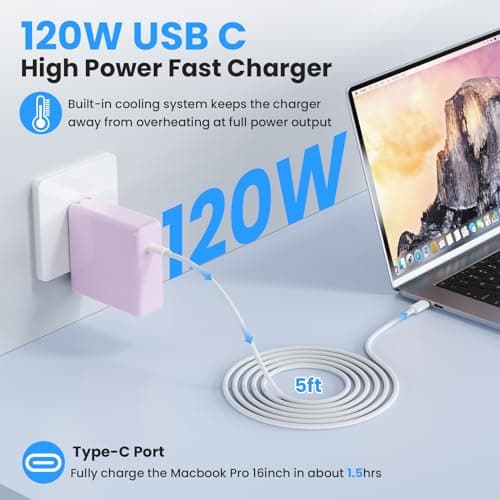 Kioson Mac Book Pro Charger - 120W USB C Charger Fast Charger, Compact Laptop Charger Adapter Compatible with USB C Port MacBook Pro/Air, iPad Pro, Samsung Galaxy and All USB-C Devices (Light Purple) - Thumbnail 2