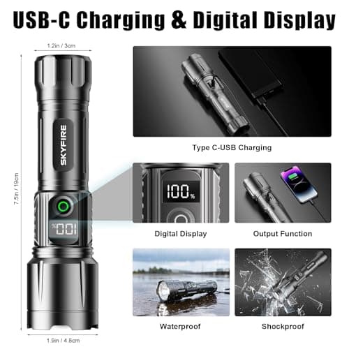 SKYFIRE Rechargeable Flashlight, 10000mAh 3000 Lumens LED Flashlight with Ignition Lens, Zoomable, Waterproof, 5 Modes for Camping, Outdoor & Home Emergencies - Thumbnail 6