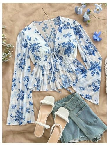 MakeMeChic Women's Floral Crop Tops V Neck Tie Front Ruffle Hem Long Sleeve Peplum Blouse Blue and White B Large - Thumbnail 4