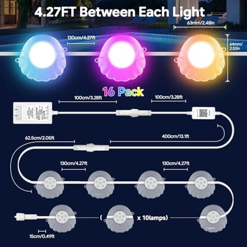 AHAWILL 100FT RGB Swimming Pool Lights for Inground & Above Ground Pools,IP68 Waterproof,Plug-in 16 Shell Pool LED String Lights,Remote/APP Control,16M Colors,DIY Timer,44 Dynamic Modes for Pool Decor - Thumbnail 4