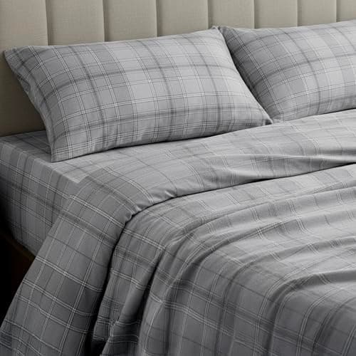 Mellanni Flannel Bed Sheet Set - 3 Piece Luxury 100% Heavyweight 180GSM Cotton - Cozy, Soft & Breathable - Deep Pockets with All-Around Elastic - Warm & Comfortable (Twin, Light Gray Plaid) - Thumbnail 2