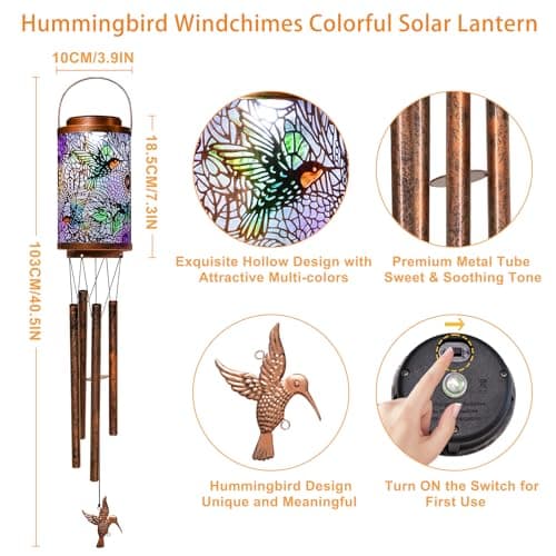 Hummingbird Solar Wind Chimes for Outside, Garden Gifts for Women,Solar Lantern Outdoor Waterproof Lights for Balcony, Porch, Backyard, Birthday Gifts for Mom Grandma Wife (1Pack) - Thumbnail 5