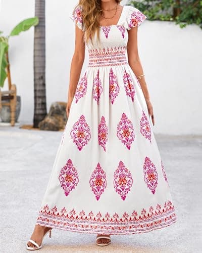 BTFBM Summer Dresses for Women 2026 Casual Floral Boho Sleeveless Square Neck A Line Flowy Beach Maxi Sundress Pockets(Floral White Rose Red, Small) - Thumbnail 2