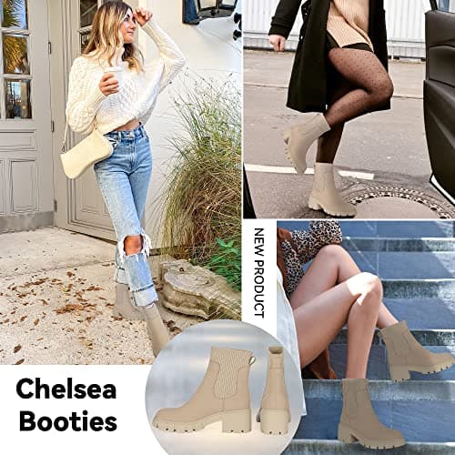 Athlefit Women's Chelsea Boots Fashion Slip on Platform Ankle Boots Lug Sole Chunky Booties - Thumbnail 6