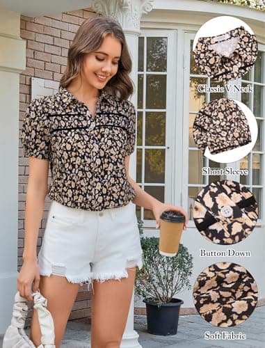 AOVDE Women Floral Leopard Button Down Shirts Puff Sleeve Blouse Contrast Trim Casual Dressy Summer Tops - Thumbnail 5