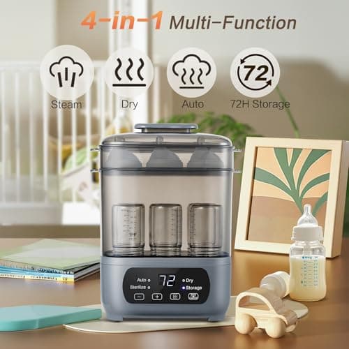 AMZBABYCHEF 4-in-1 Baby Bottle Steamer and Dryer, Electric Steamer with Fast Drying, Universal Fit for All Bottles, LED Touch Screen & Auto Shut-Off Protection (Grey) - Thumbnail 2