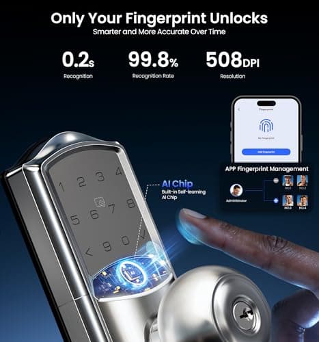 Veise VE028 Built-in Wi-Fi Smart Lock with Knob, Fingerprint Keyless Entry with Handle, App Remote & Voice Control, Electronic Digital Keypad for Front Door and Bedroom, IP65 Waterproof, Satin Nickel - Thumbnail 6