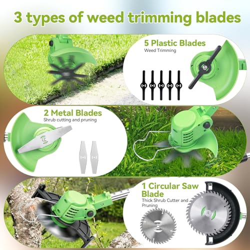 20,000RPM Electric Weed Wacker with Wheel,700W Cordless Weed Eater, Battery Powered, 4-in-1 String Trimmer,Brush Cutter/Grass Trimmer/Lawn Mower/Lawn Edger with 3 Type Blades for Garden Yard - Thumbnail 6