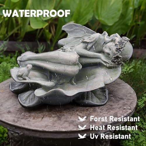 hvfun Garden Fairy Statue,Garden Sleeping Angel on Lotus Leaf with Bird Feeder Feature Outdoor Decor Sculptures Figurine Gardening Lawn - Thumbnail 5