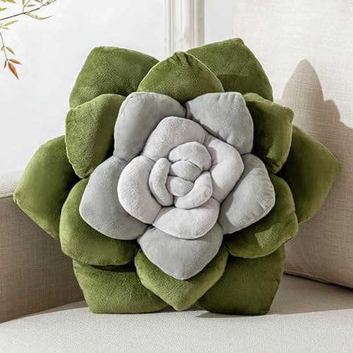 Gerlisay 3D Plant Pillow 13.8'' Cute Flower Throw Pillow Green Grey Plant Shaped Decor Soft Unique Plush Decorative Pillow Throw Cushions for Bedroom Home Decorations - Image 1