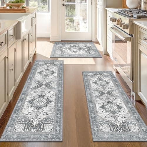 Yamaziot Boho Washable Kitchen Rugs Sets of 3, Non Slip Kitchen Mats for Floor with Rubber Backing, Waterproof & Stain Resistant Thick Carpet Runner Throw Rugs for Kitchen, Laundry Room, Hallway, Grey - Image 1