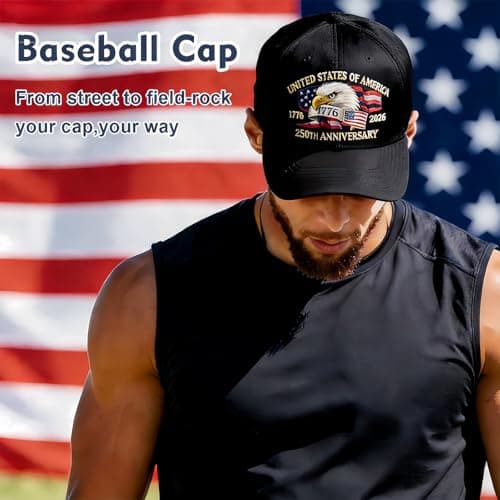 Bokauo 250 Anniversary USA Hat for Men Women,Printed Adjustable Baseball Cap,250th Years Gift Merchandise for Husband,Veteran (Black) - Thumbnail 6