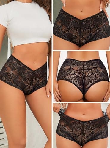 Sexy Underwear for Women Petal-soft Lace V-waisted Boy Shorts Cute Cheeky Ladies Panties Fashion Lightweight Lingerie 6 pack - Thumbnail 4
