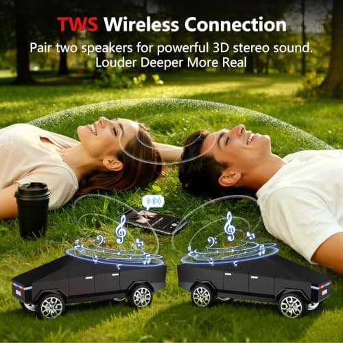 AONOX Cybertruck Bluetooth Speaker for Car, Mini Wireless Speaker with LED Lights, FM Radio, USB/TF Card, TWS Stereo, Desk Gaming Outdoor Use, Gift for Car Lovers - Thumbnail 3