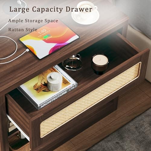 HUAHUU Wide Nightstand Set of 2, 26" Mid Century Modern Wooden Night Stand, Rustic Bedside Table with Rattan Drawer, Large Side End Table with Wireless Charging, Vintage Storage, Walnut - Thumbnail 4