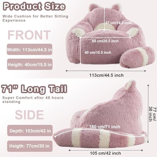 EBENCHICO Giant Bean Bag Chair for Adults Teens, Raccoon Shaped Faux Fur Bean Bag Sofa with Filler, Plush Beanbag Couch with Tail Pillow for Gaming, Reading, Bedroom, Dorm - Thumbnail 2
