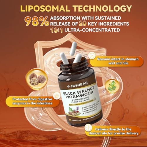 20 in 1 Wormwood Black Walnut Clove Cleanse for Humans Capsules, Natural Gut Detox & Digestive Health, Pumpkin Seed, Berberine, 10:1 Ultra-Concentrated Liposomal Tech 98% Absorption, Vegan 60 CT - Thumbnail 3