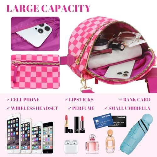 WOOMADA Checkered Crossbody Bag Bum Bag for Women, Fanny Pack Checkered Purse, Belt Bag with Shoulder Strap(Hot Pink Checkerboard) - Thumbnail 3