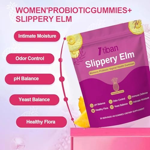 Itiban Slippery Elm Feminine Probiotic Moisture Gummies, pH Balance, Vaginal Flora, Odor Health with Bacillus coagulans, Delicious Pineapple Flavor, 60 Count - Thumbnail 2