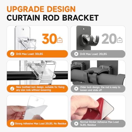 Universal Curtain Rod Holders, No Drill Curtain Rod Brackets, Self Adhesive Curtain Rod Brackets Up to 30 LB, Nail Free Curtain Rod Hooks for Bathroom, Bedroom, Livingroom, Kitchen (8PC, Transparent) - Thumbnail 4