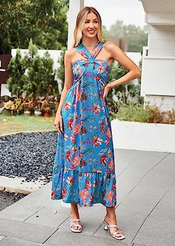2024 Summer Women's Criss Cross Halterneck Sleeveless Floral Print Flowy A Line Maxi Dress Blue Red XXL - Thumbnail 4