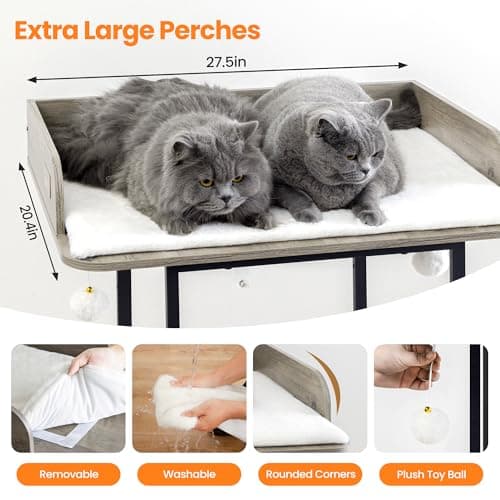 Feliskyn Wood Modern Cat Tree Tower for Indoor Large Cats,48-Inch Tall Wooden Cat Trees with Big Perch Bed, Multi-Level Condo with Scratching Board and Posts, Removable Pads, Cat Furniture, Greige - Thumbnail 3