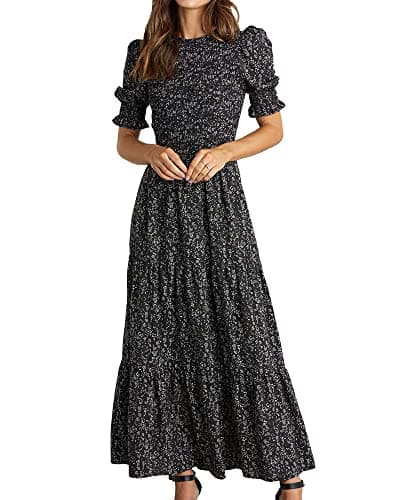 BTFBM Women Casual Summer Dresses 2025 Spring Crew Neck Ruffle Short Sleeve Floral Print Smocked Boho Flowy Maxi Dress(Floral Black White, Small) - Image 1