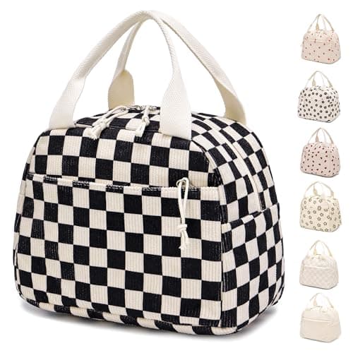 Lunch Bag for Women Grils Adult Cute Corduroy Lunch Tote Bags Reusable Insulated Lunch Box Large Capacity for Work Picnic or Travel (White-Black-Checked)
