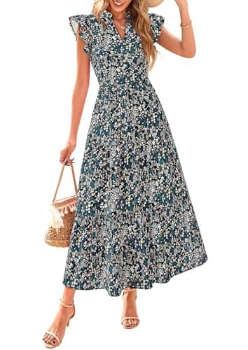 PRETTYGARDEN Women's 2026 Summer Floral Midi Dress Cap Sleeve V Neck Ruffle Long Flowy Boho Casual Beach Vacation Dresses (Floral Black Blue,Large) - Image 1