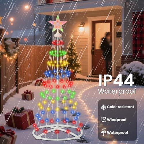 IDEAALS 4FT 118LED Outdoor Solar Christmas Cone Tree Lights, 8 Modes Timer Remote RGB Christmas Tree Lights with Star Topper for Xmas Yard Porch Patio Holiday Decor - Thumbnail 2