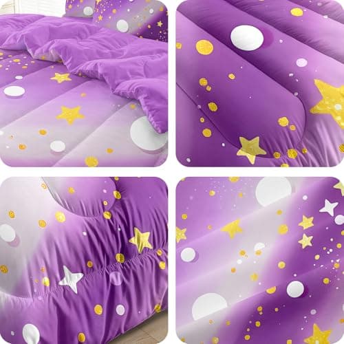 HICAND 5 Pcs Twin Bedding Sets for Girls, Purple Glitter Rainbow Bed in A Bag Twin Size Bed Set, Stars Galaxy Bedding Comforter Set for Girls - Thumbnail 6