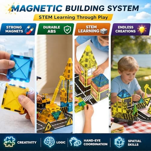LATI Construction Magnetic Tiles City Set for Kids, Double-Sided Day & Night Building Blocks with Crane, Roads, Traffic Signs & Construction Vehicles, STEM Learning Toy for Boys & Girls Ages 3+ - Thumbnail 6