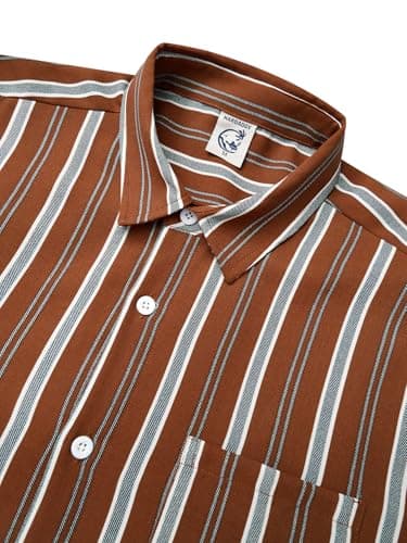 Hardaddy Men's Classic Color Contrast Striped Shirt Long Sleeve Casual Button Down Shirts Blouse Brown 3XL - Thumbnail 3