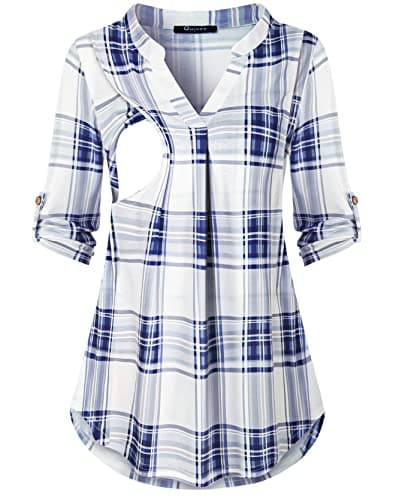 Quinee 3/4 Sleeve Nursing Tops for Breastfeeding, Nursing Shirts for Breastfeeding Notch V Neck Hip Length 2 Layers Pregnancy Shirt for Women Casual Summer Maternity Clothes Blue White L - Image 1