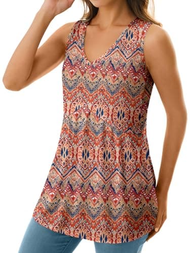 GKBK Womens Tank Tops 2026 V Neck Babydoll Flowy Peplum Tops for Women Dressy Boho Sleeveless Floral Tank Tops Bohemia Orange - Thumbnail 3
