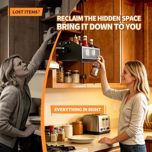 HOUSE AGAIN Pull-Down Cabinet Organizer for High/Deep Cabinets, Drop Down Spice Rack, 12.6" Out & 1.8" Down, Dual Install (Screw/3M Tape), Fits Frameless, for Spices, Snacks and Small Bottles (Black) - Thumbnail 2